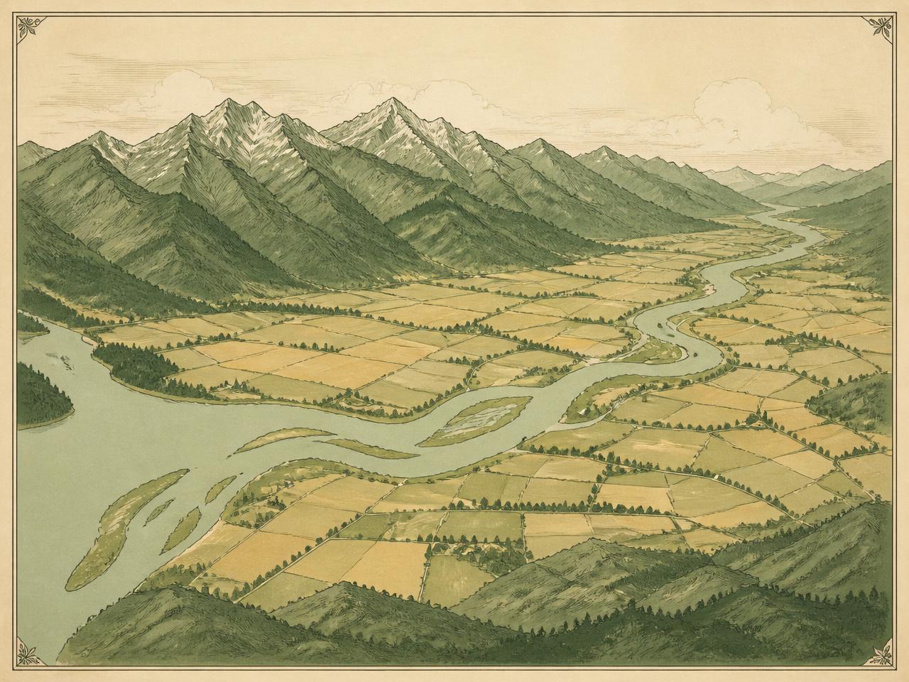Illustrated map of the Fraser Valley in British Columbia showing the river, farmland, and the surrounding mountains