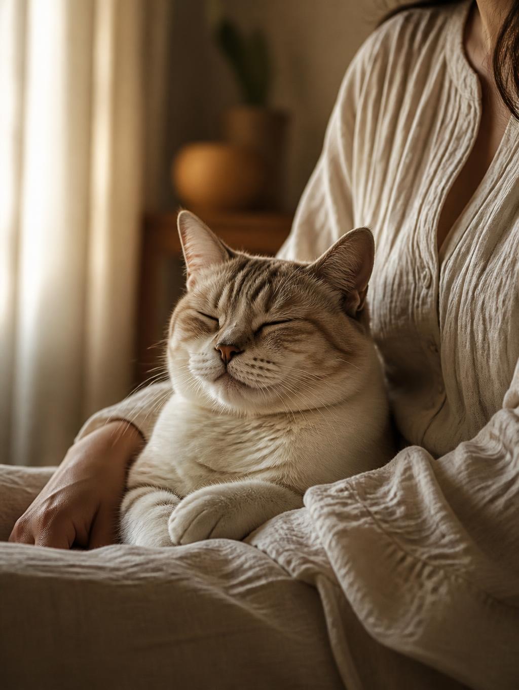 A calm cat resting peacefully on a person's lap in soft natural light